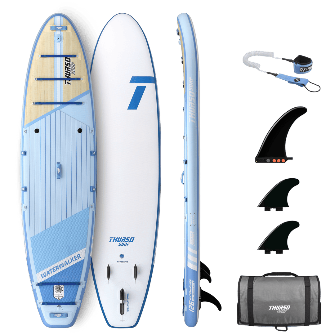Thurso Waterwalker paddleboard with accessories on a black background