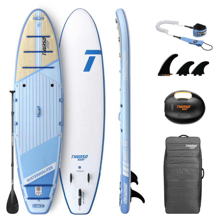 Thurso paddleboard with accessories on a black background
