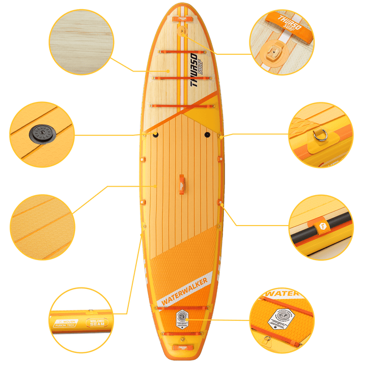 Orange paddleboard with close-up details on a black background