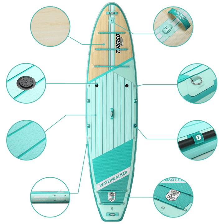 Teal and beige paddleboard with close-up details on a black background