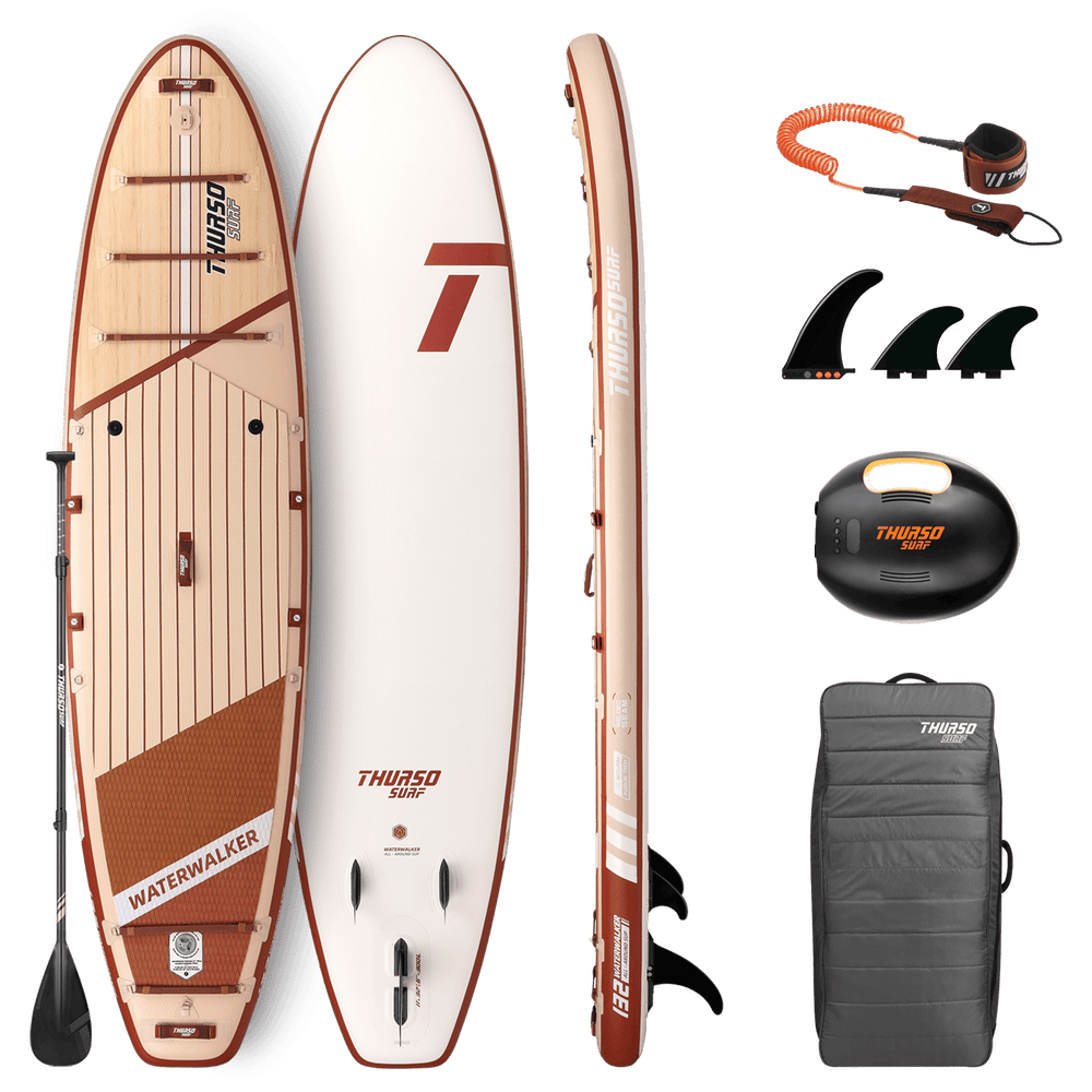 Paddleboard set with various accessories on a black background