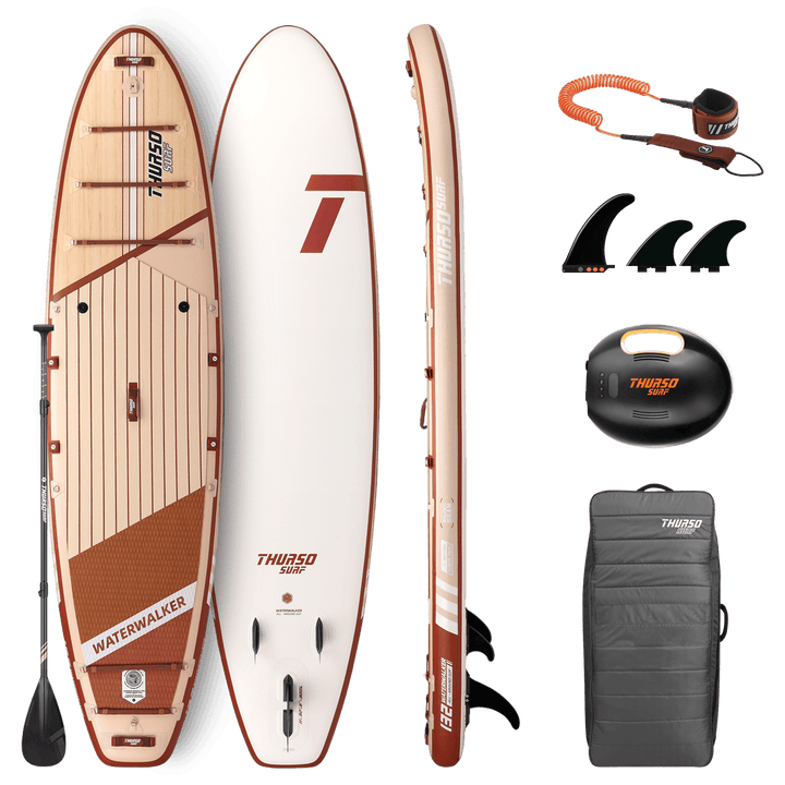 Paddleboard set with various accessories on a black background