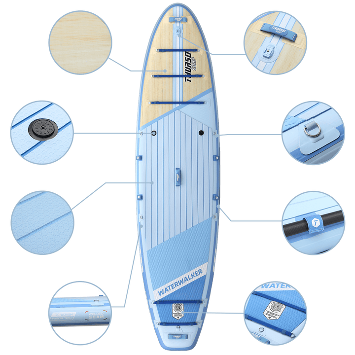 Blue and beige paddleboard with close-up details on a black background