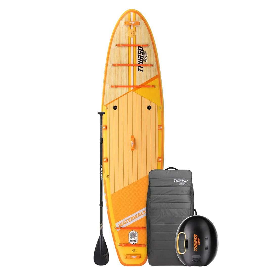 Orange stand-up paddleboard with accessories on a white background