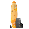 Orange stand-up paddleboard with accessories on a white background