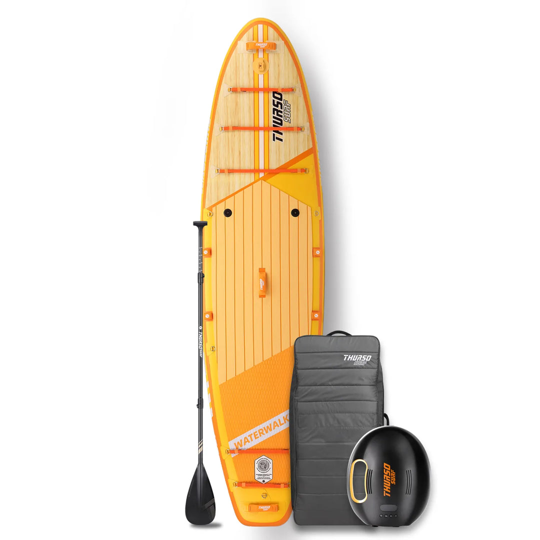 Tangerine inflatable stand-up paddleboard with accessories on a white background
