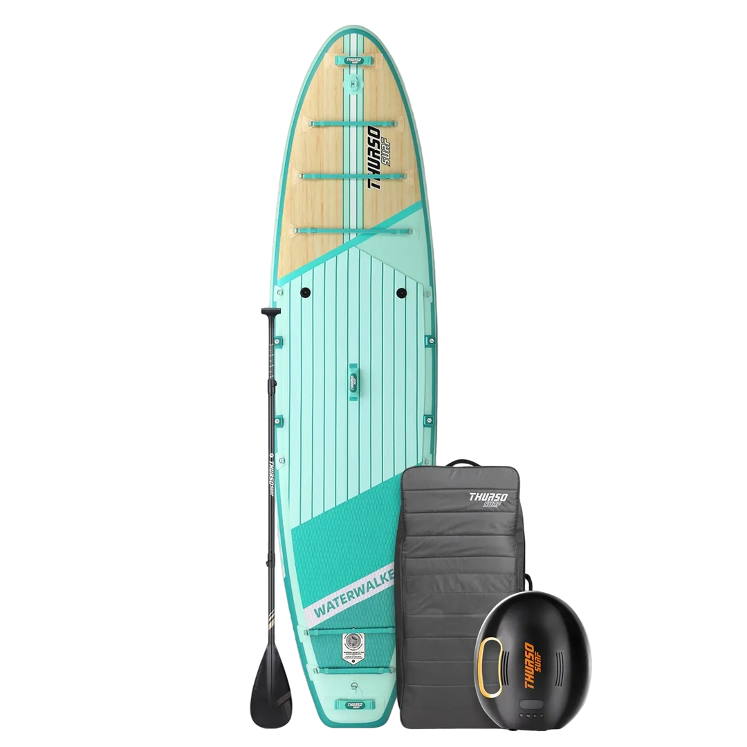 Turquoise paddleboard with accessories on a white background