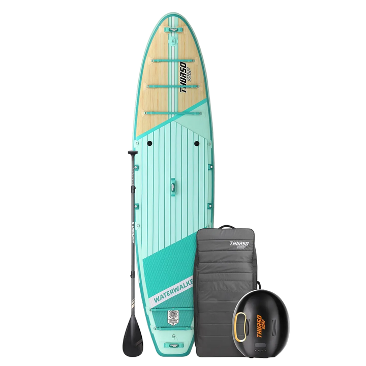 Turquoise paddleboard with accessories on a white background