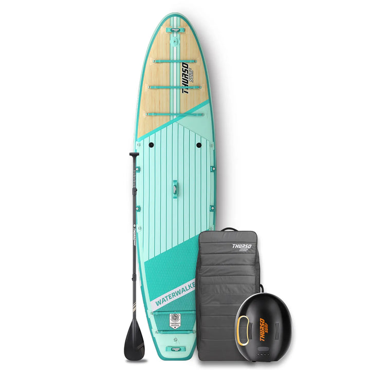 Turquoise paddleboard with accessories on a white background