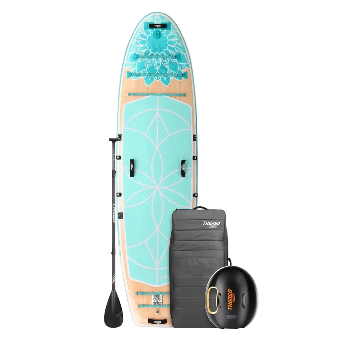 Stand-up paddleboard with accessories on a white background