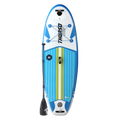 Blue and white SUP board with a paddle on a white background