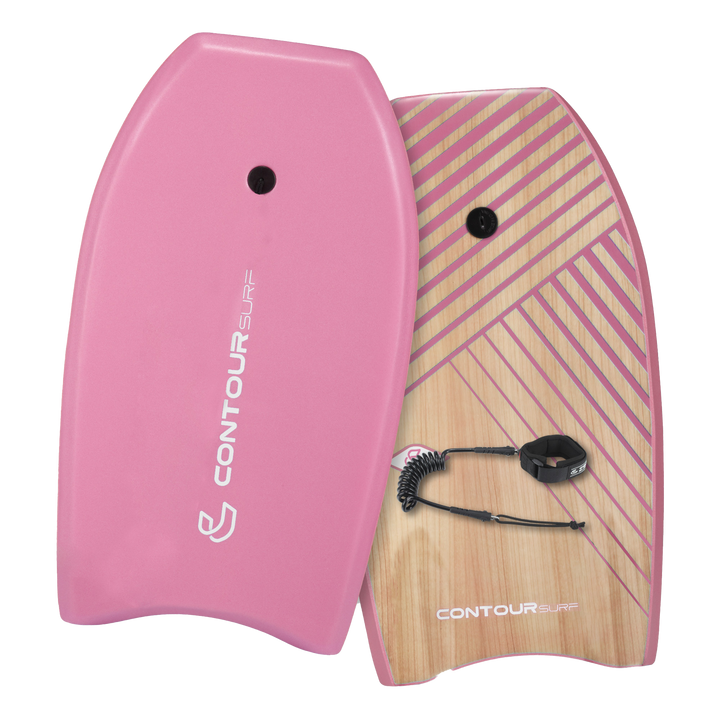 Pink and wooden bodyboard with leash on a white background