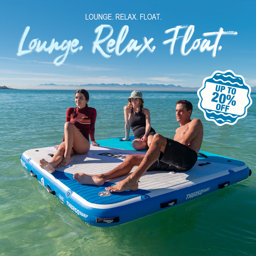 Three people relaxing on an inflatable platform in the water with promotional text overlay.