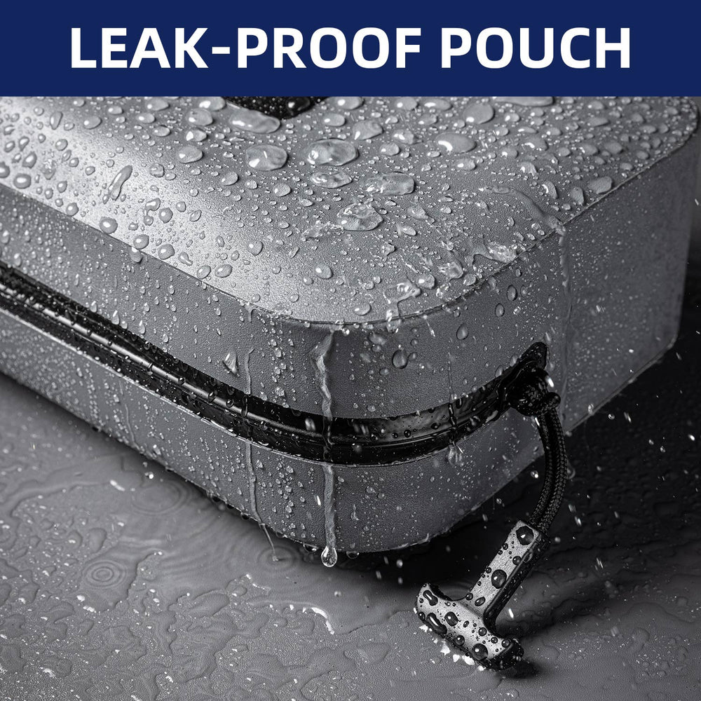 Leak-proof slate pouch with water droplets on a textured surface, featuring the text 'LEAK-PROOF POUCH'.