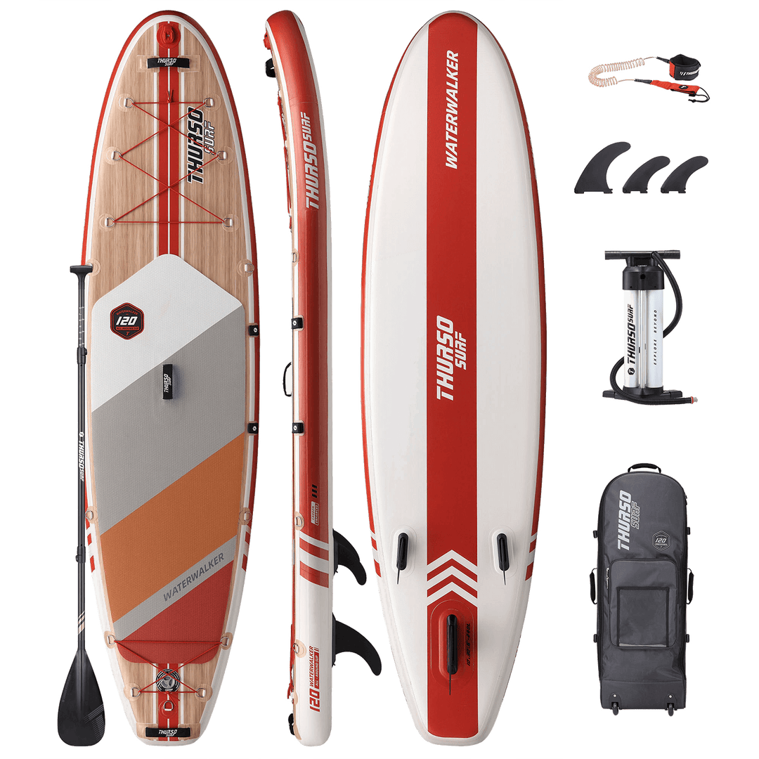 Inflatable stand-up paddleboard with accessories on a white background