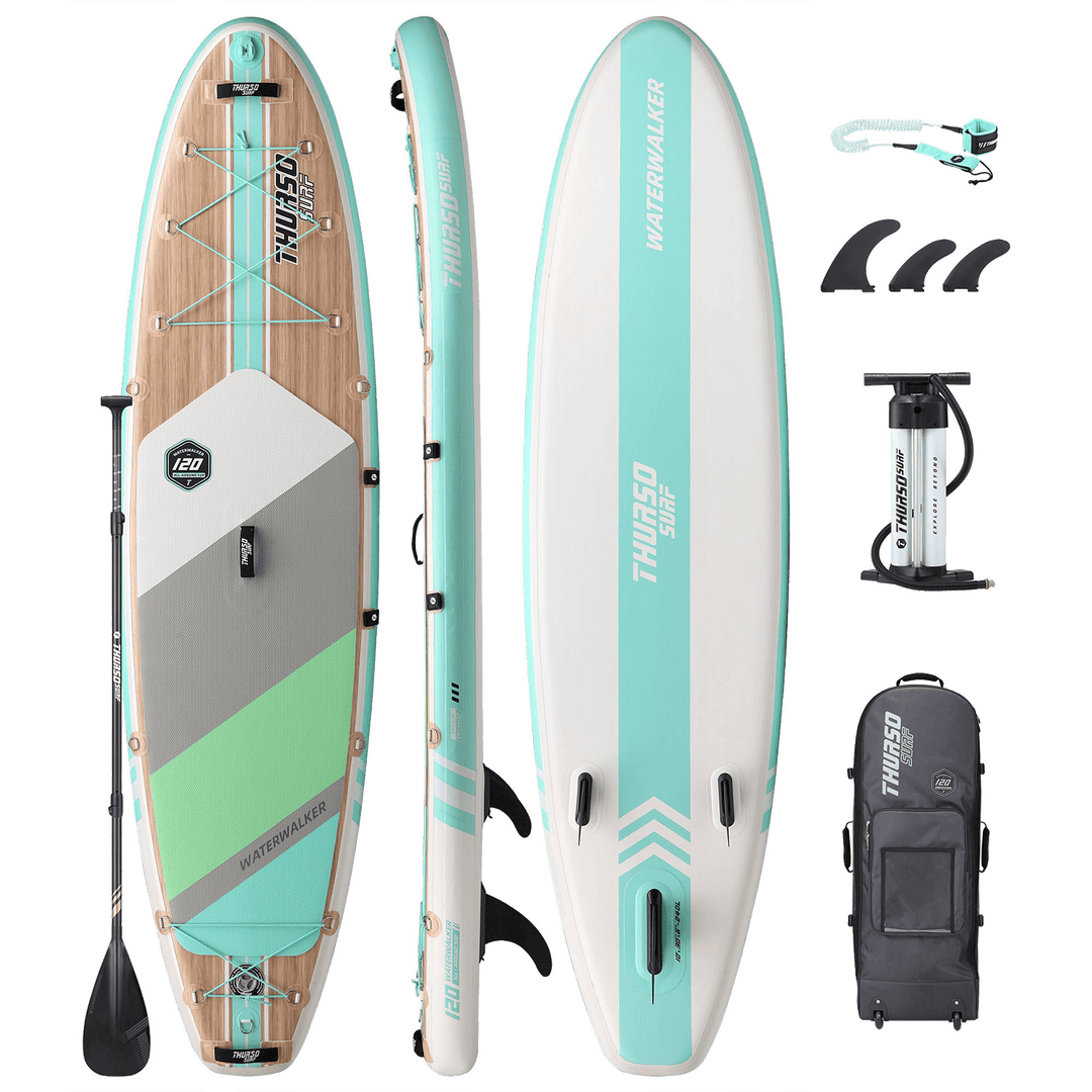 Inflatable stand-up paddleboard with accessories on a white background