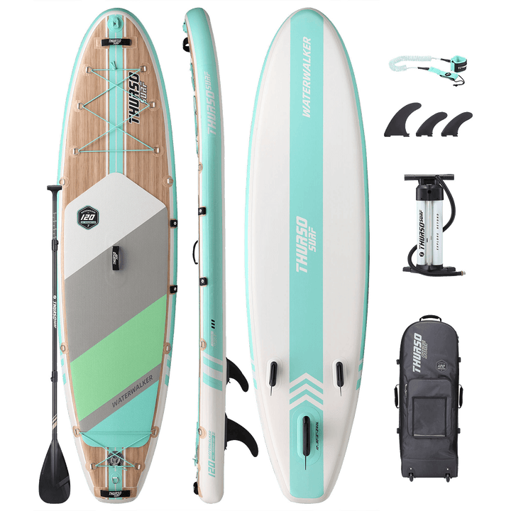 Inflatable stand-up paddleboard with accessories on a white background