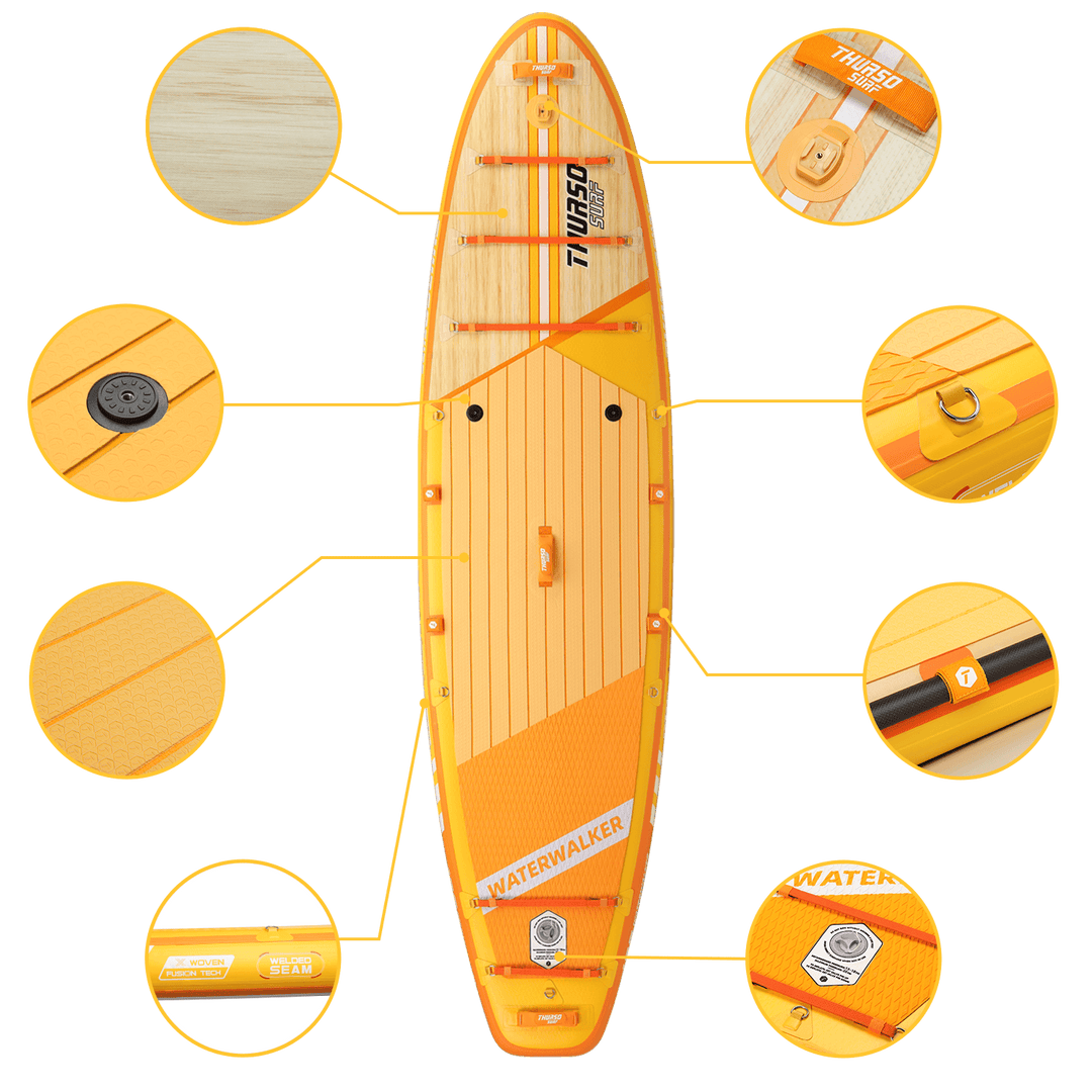 Orange and yellow paddleboard with close-up details on a black background