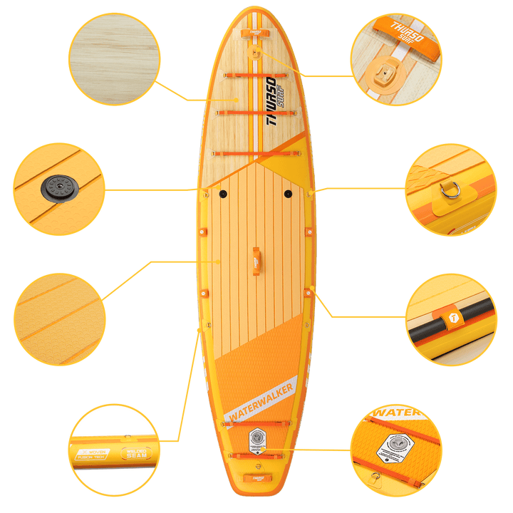 Orange and yellow paddleboard with close-up details on a black background