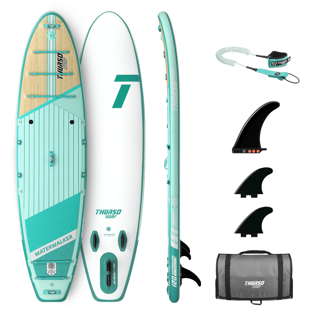 Turquoise and white SUP board with accessories on a black background