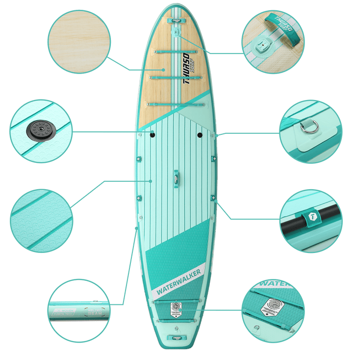 Teal and beige paddleboard with close-up details on a black background